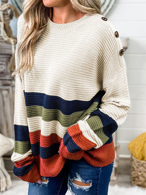 Womens Contrast Color Stripe Round Neck Loose Fashion Warm Sweaters