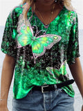 Women's Loose Short-Sleeved V Neck Butterfly Print T-Shirt