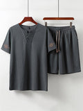 Casual Style Soft 2-Piece Outfit Pleated Detailing T-Shirt + Drawstring Waistband Shorts