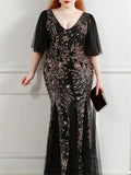 Plus Size Short-Sleeve Tulle Sequined Floral Formal Dress