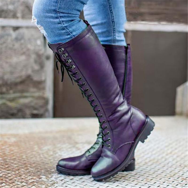 Fashionable High-Cut Lace-Up Side Zipper Chunky Mid Heel Boots