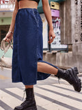 Women's Trendy Drawstring Side Slit Blue Denim Midi Skirts