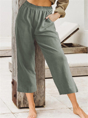 Women's Summer Simple Elastic High Waist Cropped Pants with Pocket