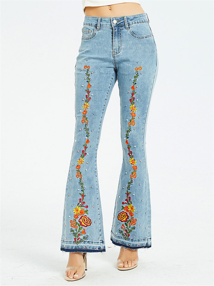 Women's Vintage Style Floral Embroidery Bell Bottom Blue Jeans