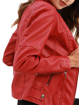 Women's PU Leather Stand Collar Slim Jacket