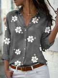 Lovely Daisy Floral Print Lapel Button Long Sleeve Women Shirts