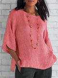 Women's Summer Comfy Cotton Linen Crew Neck 3/4 Sleeve Shirts