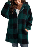 Women's Classic Plaid Zip Up Hooded Plush Jackets with Pockets
