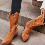 Vintage Style Embroidery Pointed Toe Low Heels Boots for Women