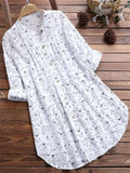 Casual Style Stand Collar Floral Button Up Midi Length Cotton Linen Blouse