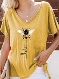 Relaxed Fit V Neck Bee Printed Short Sleeve Pullover T-Shirt