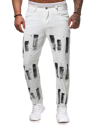 Trendy Men's Black&White Graffiti Paint Slim Fit Jeans