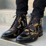 Men's Fashion Floral Printed Black Jack Boots