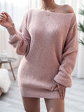 Comfortable Pullover Off-The-Shoulder Casual Loose Knit Sweater Mini Dress