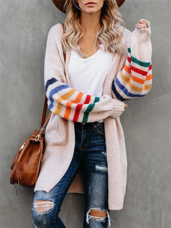 Women's Loose Casual Rainbow Stripe Long Sleeve Sweaters Coats