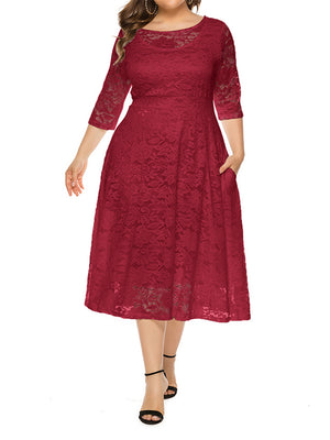 Plus Size Lace A-Line Half Sleeve Floral Evening Dress