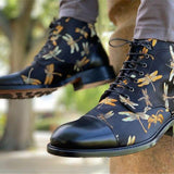 Men's Fashion Floral Printed Black Jack Boots