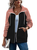 Female Trendy Contrast Color Zipper Turn-down Collar Coat
