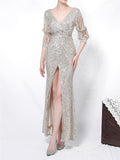 Elegant Sexy Deep-V Design Solid Color Split Decorated Sequins Evening Dresses