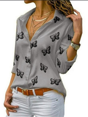 Flowy Button Up Butterfly Printed Lapel Collar Blouse