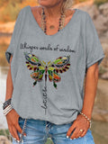 Simple Solid Color Letter Butterfly Print Female Shirt