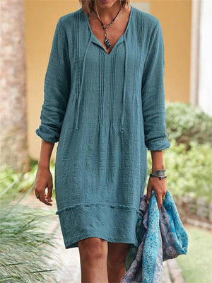 Spring Plain V Neck Lace Up Long Sleeve Female Knee Length Dress