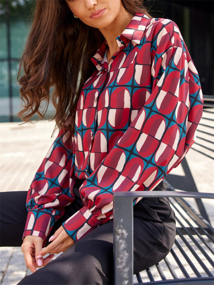 Ladies Chic Relaxed Print Comfortable Long Sleeve Blouse