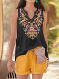 Ethnic Bohemian Floral Print V Neck Sleeveless Tops for Women