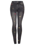Lovely Small Floral Embroidery Slim Fit Black Denim Jeans for Women