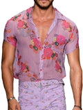 Mens Sexy Floral Print Lapel Button See-Through Shirt