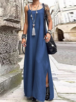 Trendy U Neck Adjustable Shoulder Straps Side Slit Female Denim Dress