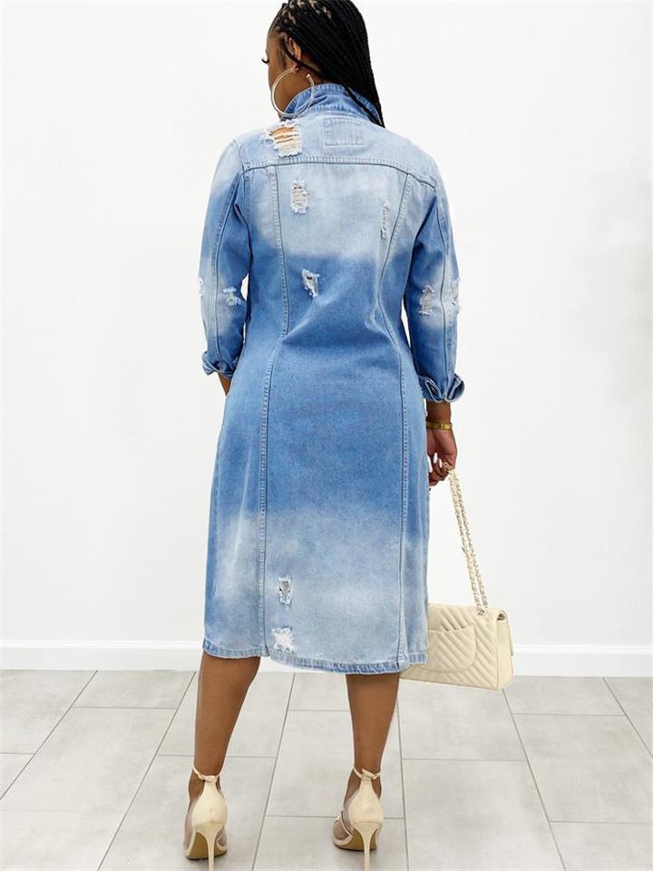 Blue Slim Fit Ripped Long Denim Jacket for Women