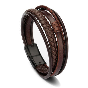 Men's Braided Magnetic Buckle Genuine Leather Bracelet with Alloy Ornament