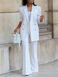 Office Ladies Solid Double Breasted Blazer Wide Leg Pants Sets