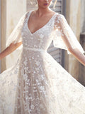 Flowing Floral Applique Cap Sleeve Backless Dress for Wedding