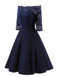 Elegant Off Shoulder Floral Lace 3/4 Sleeve High Waist Flare Dress