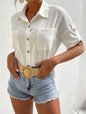Women's Leisure Elbow Sleeve Chest Pocket Cotton Linen Blouses