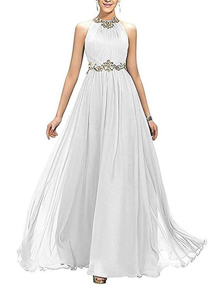 Pretty Halter Neck Beaded Fitted Waist Dress for Evening