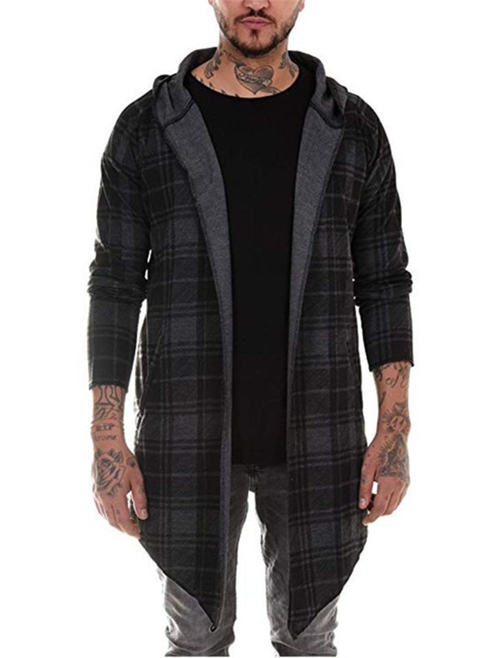 Men's Plaid Fashion Casual Hooded Mid-Length Simple Coat
