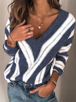 Women's V Neck Stripe Knit Long Sleeve Sweater