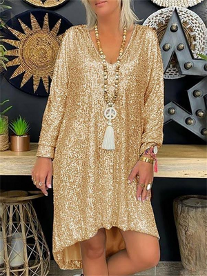 Dazzling Sequins Extra Loose Long Sleeve Trendy Dress for Women