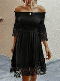 Linen Elegant Off Shoulder Lace Solid Black Dresses For Ladies