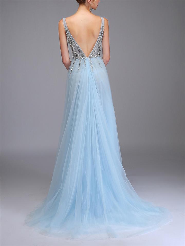 Sequined Beaded Backless Tulle Trendy Prom Dresses