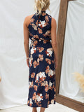 Elegant Floral Print Halter Sleeveless Party Dress