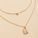 Simple Fashion Love Heart Lock Clavicle Double Layer Chain Necklace