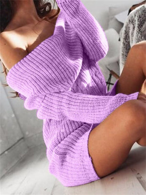 Fashion Long-Sleeved Solid Color Off Shoulder Knitted Sweater Dress