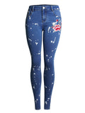 Women's Floral Embroidery Skinny White Spray Print Denim Jeans