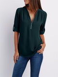 V-neck Zipper Loose Chiffon Blouses