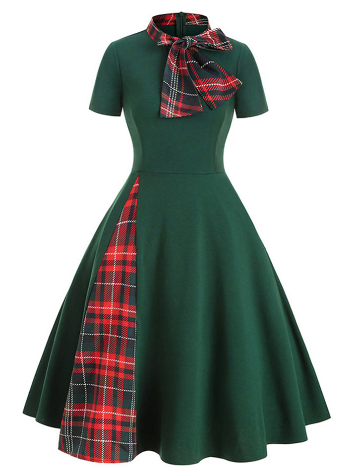 1950S Plaid Patchwork Short Sleeve Bow Stand Collar Swing Dress