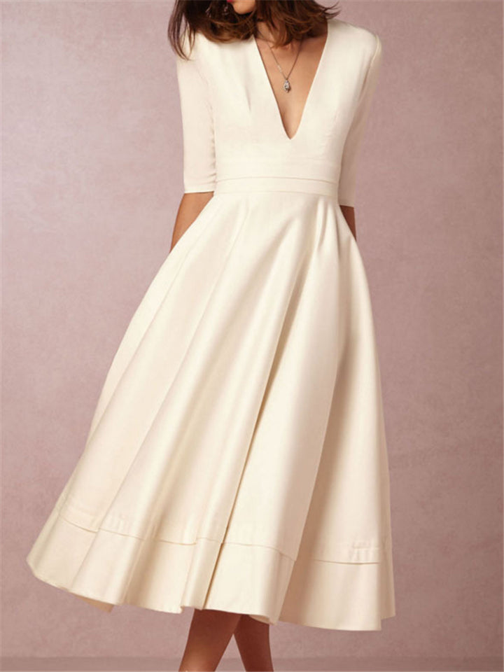 Women's Graceful Deep-V Design Half Sleeve A Line Midi Dress